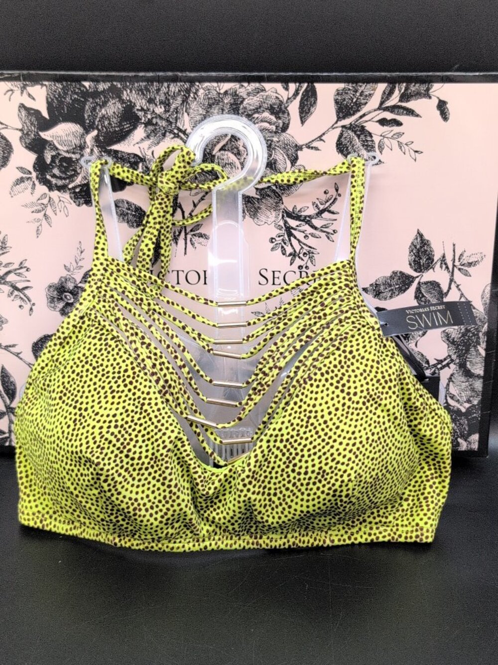 Victoria's Secret Swim Bikini Top Medium Lime Green Animal Print Gold Hardware